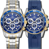 Marine Chrono II - Blue Dial with Silver Stainless Steel Bracelet, Gold Detailing and Blue FKM Rubber Strap