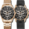 Marine Chrono II - Black Dial with Silver Stainless Steel Bracelet, Rose Gold Detailing and Black FKM Rubber Strap