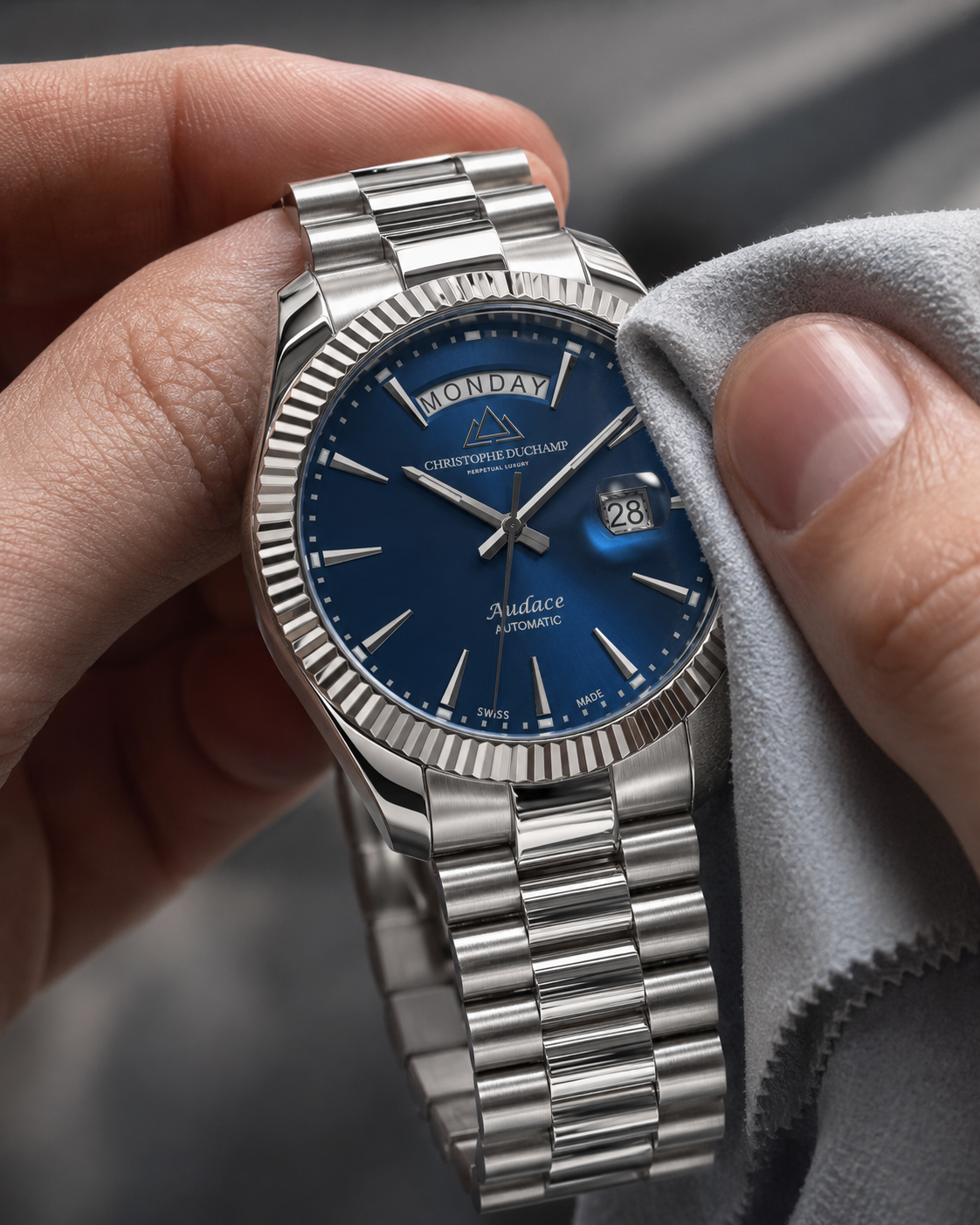 Cleaning a Christophe Duchamp watch with a soft cloth